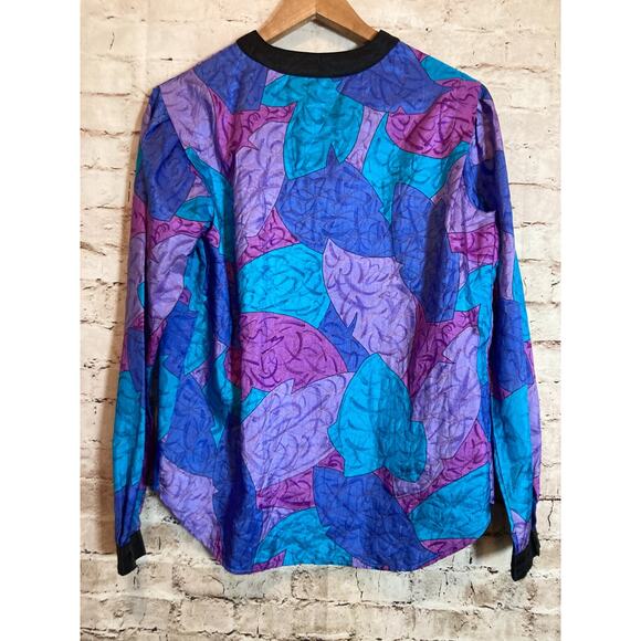 Vintage Bernini Top Womens 14 Cobalt & Purple Leaf Print Satin Button Front 80s - Picture 13 of 15